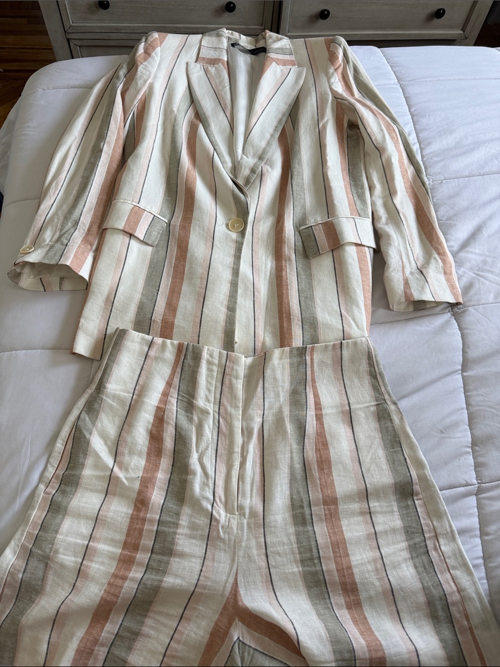 Zara Striped Blazer & Pants Set in Cream, Pink & Green